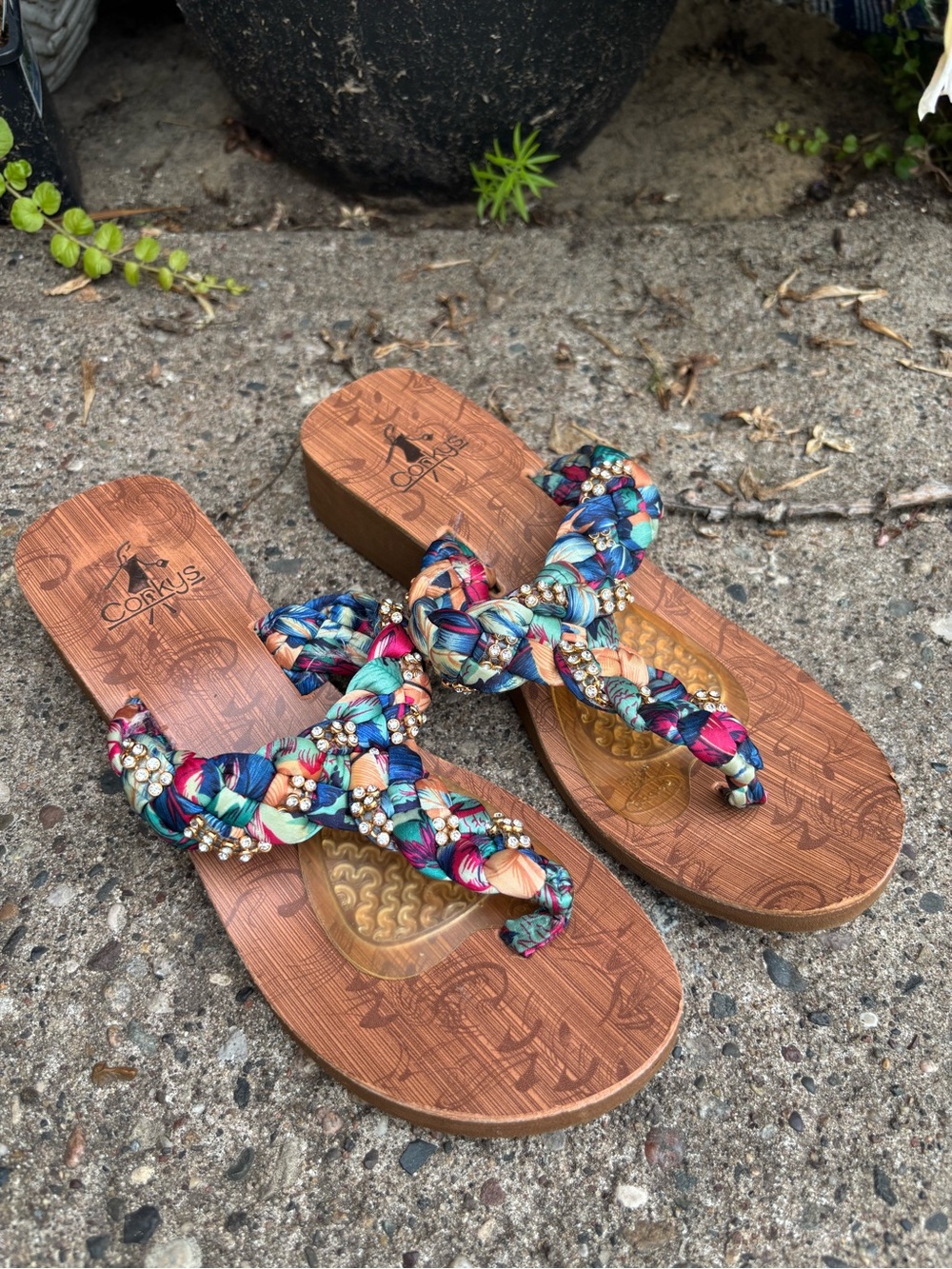 Corkys Multicolor Braided Beaded Thong Sandals - Blue/Teal/Pink Accents